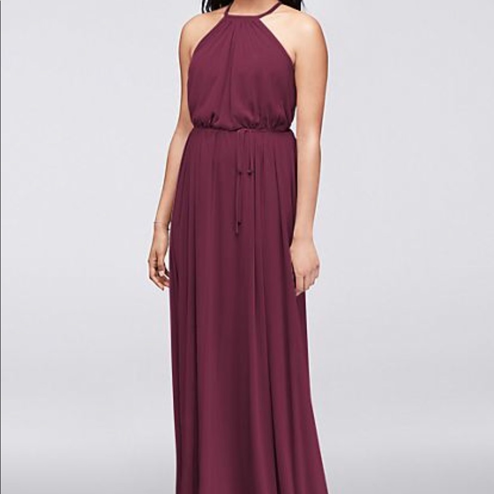 Soft mesh halter bridesmaid dress with slim sash